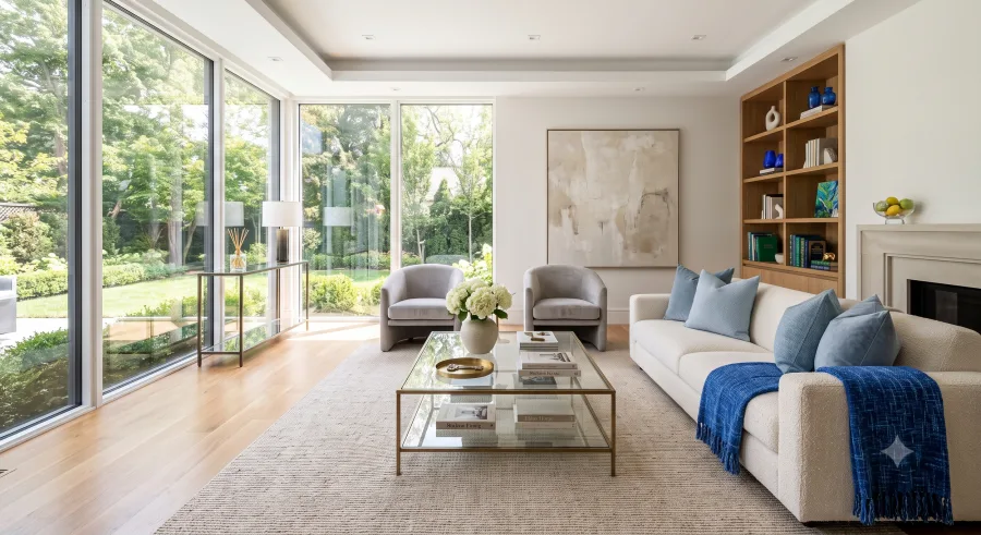 A bright, freshly cleaned living room opening onto a garden